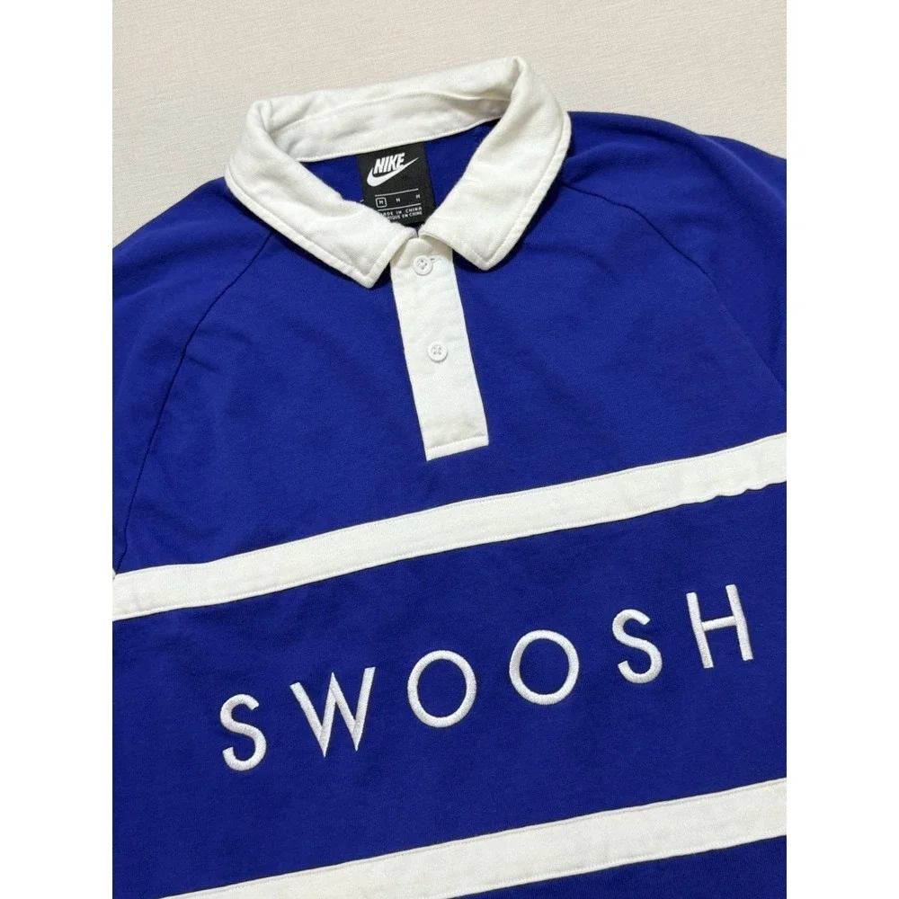 Nike Swoosh Rugby Shirt Mens M Blue White Striped Long Sleeve Polo CV0169-455